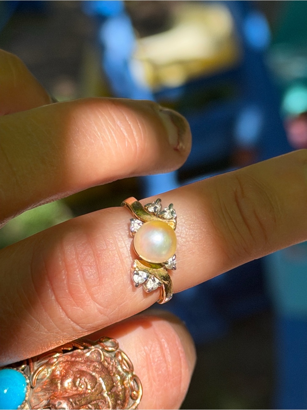 Vintage 14KTGE Ring Genuine Fresh Water Pearl Rhinestone Accents Ring 6.75